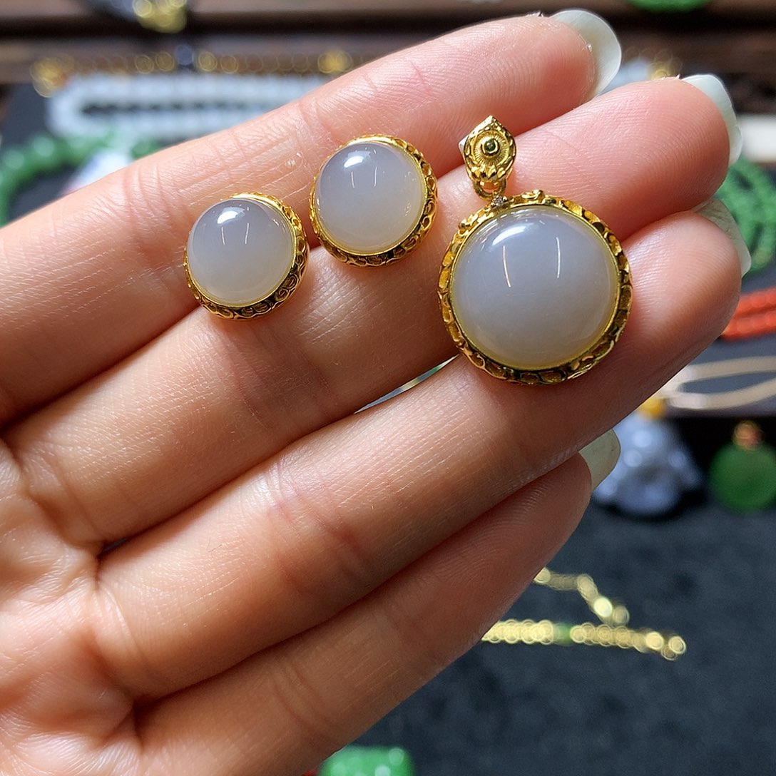 和田玉套装银S925镶嵌白***9