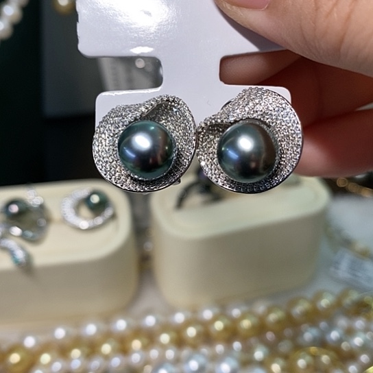 海水珍珠耳饰银S925镶嵌红*姐9-10