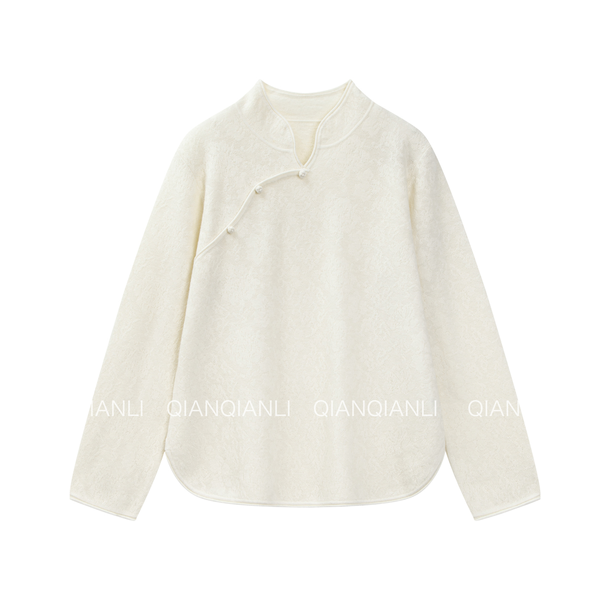 QIAN【小幸运】100%精纺羊毛中式盘扣羊毛衫宽松长袖上衣蓝白双色