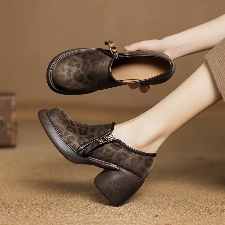 8厘米跟高深口单鞋女粗跟厚底时尚豹纹头层牛皮鞋百搭2025春新款