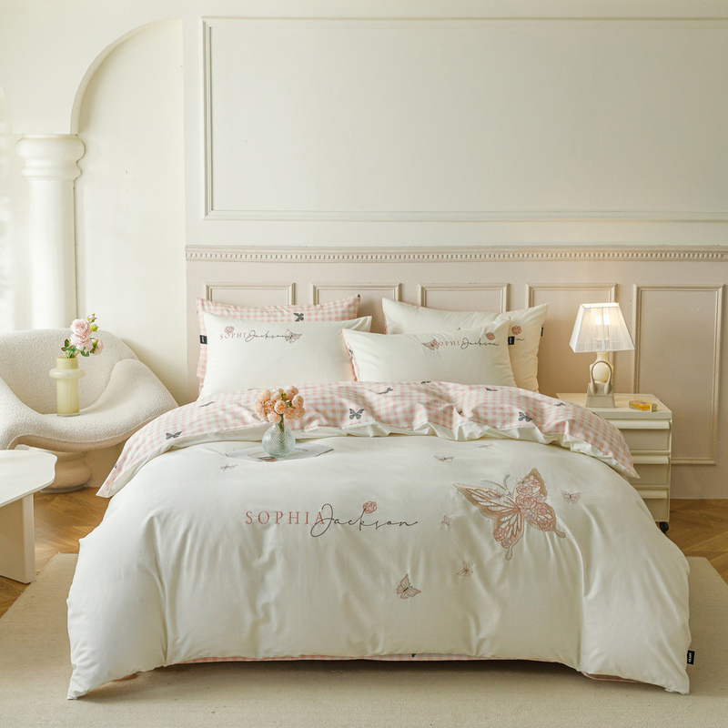 【幸运蝴蝶紫白】法式轻奢刺绣全棉纯棉100%棉四件套套件