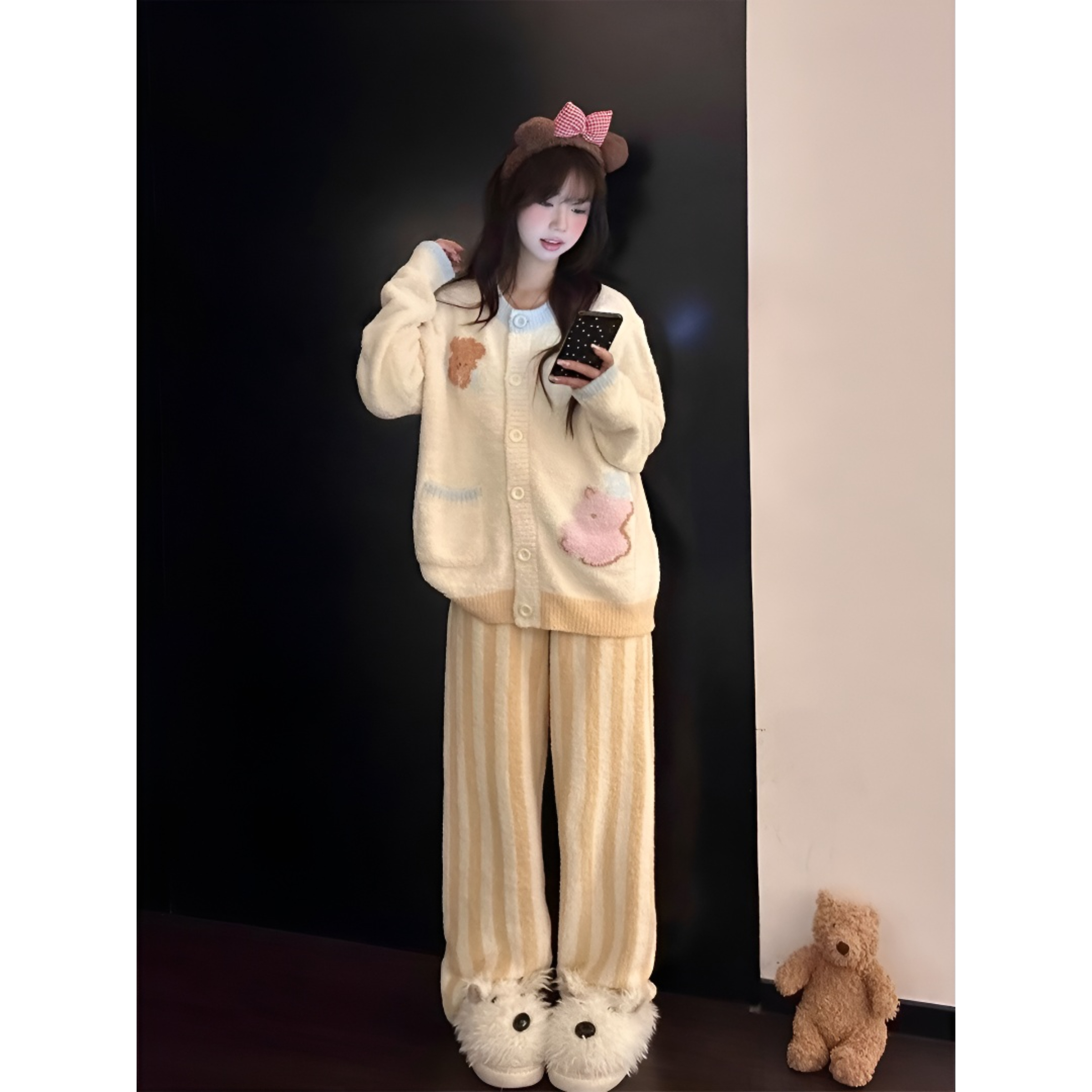 可爱卡通小熊条纹开衫半边绒睡衣女秋冬季毛绒保暖家居套装可外穿