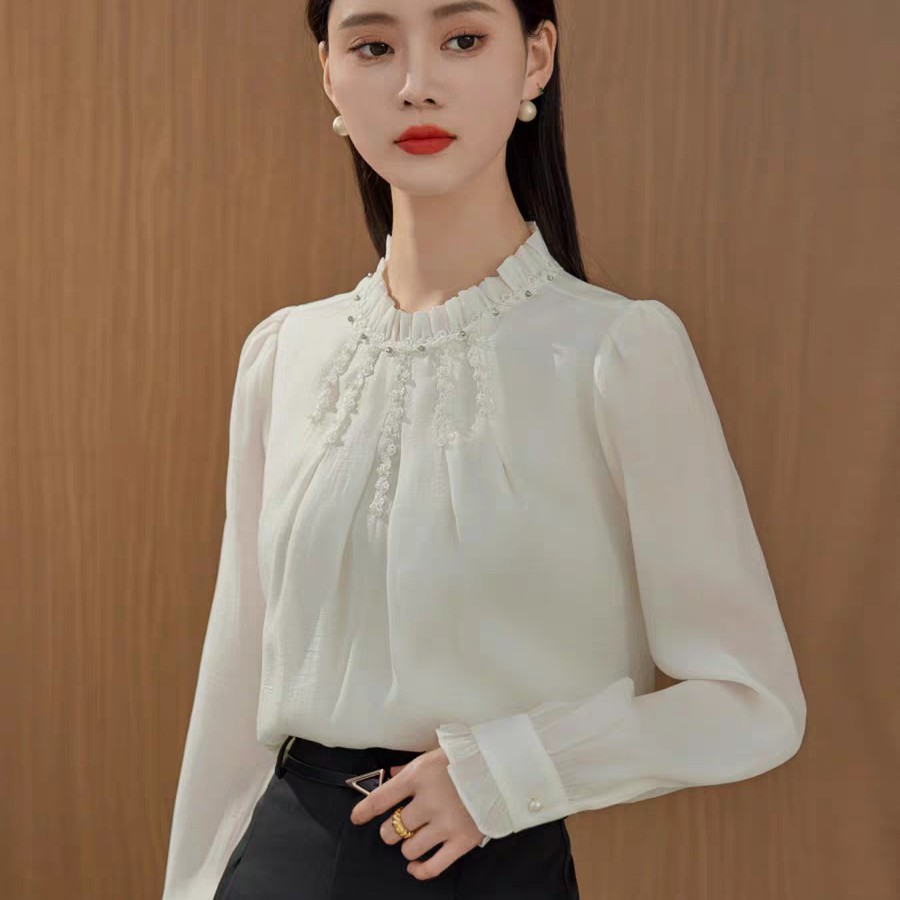 （高端福利）春秋新品淑女木耳边立领钉珠衬衫优雅通勤百搭