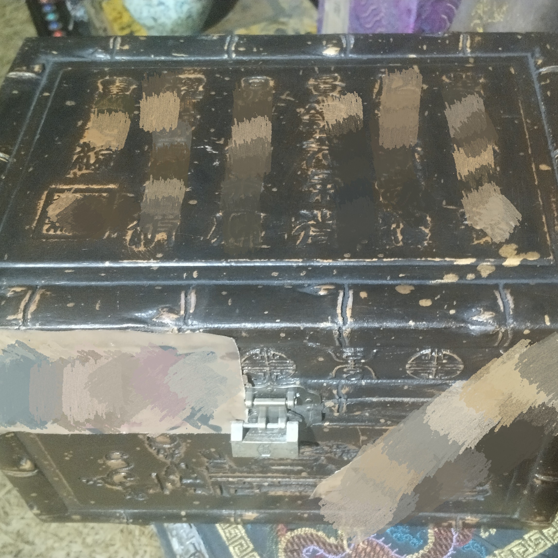 【闪购商品】木摆件刻字竹节黑箱子完整