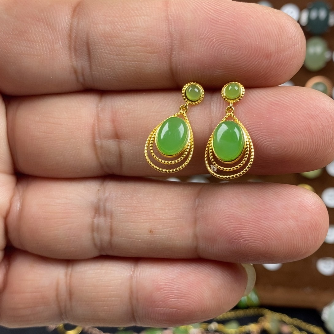 和田玉（碧玉）戒指银S925镀金镶嵌