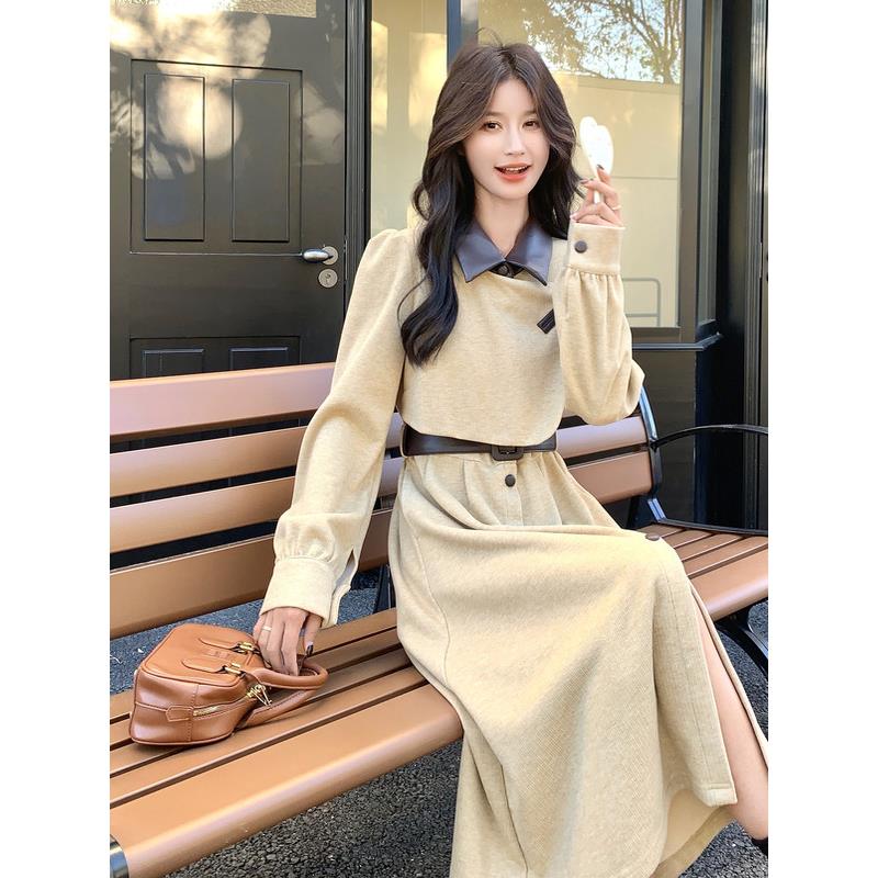 卡其色胖MM轻熟风拼接翻领连衣裙女2026年高腰显瘦中长裙大码女装