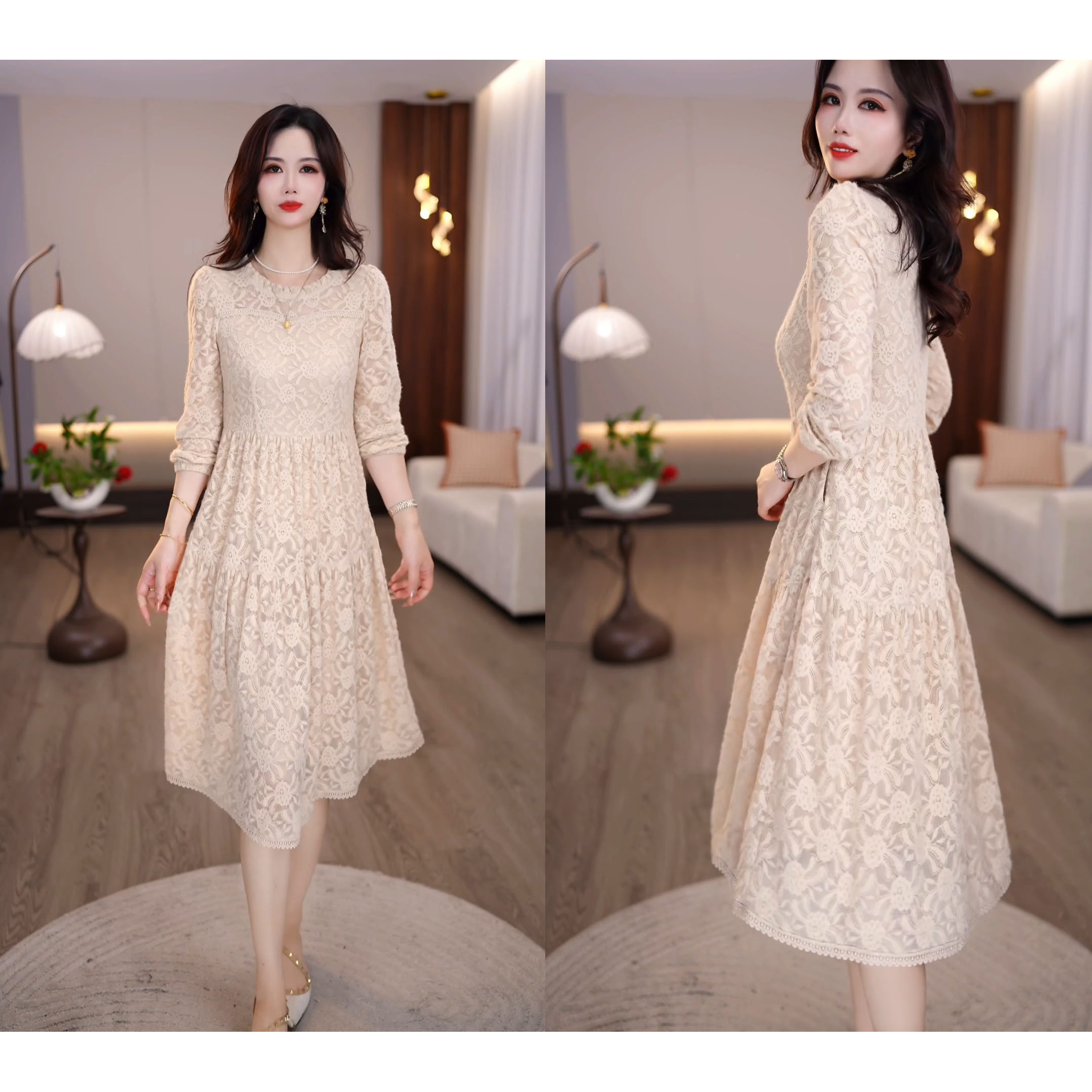 2025秋季新款奶杏色温柔优雅时尚显瘦气质女士连衣裙M-4XL