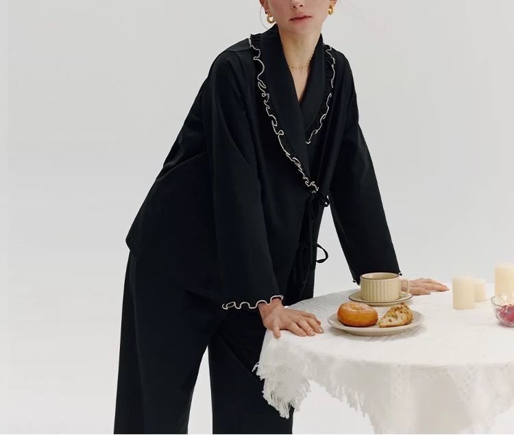 二小姐/黑色绑带长袖长裤休闲春秋季家居服套装复古面料舒服耐穿