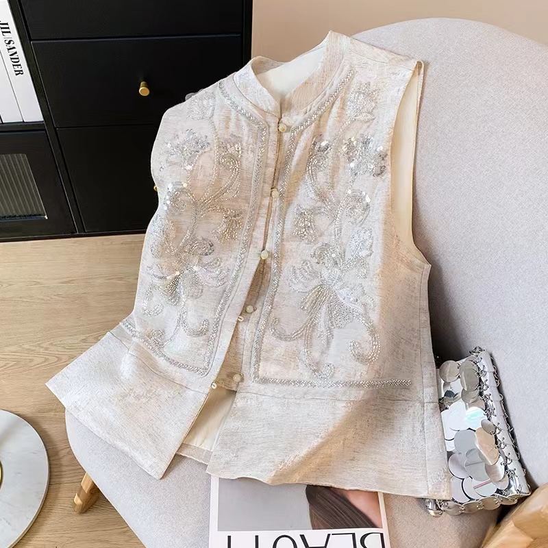 新中式国风手工钉珠亮片款式休闲短款马甲上衣外套日常百搭33683