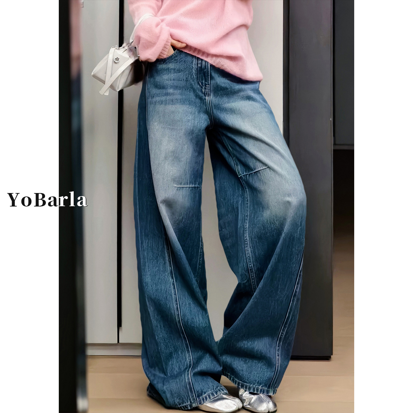 复古蓝直筒牛仔裤女秋冬新款大码胖mm遮肉显瘦宽松高腰垂感阔腿裤