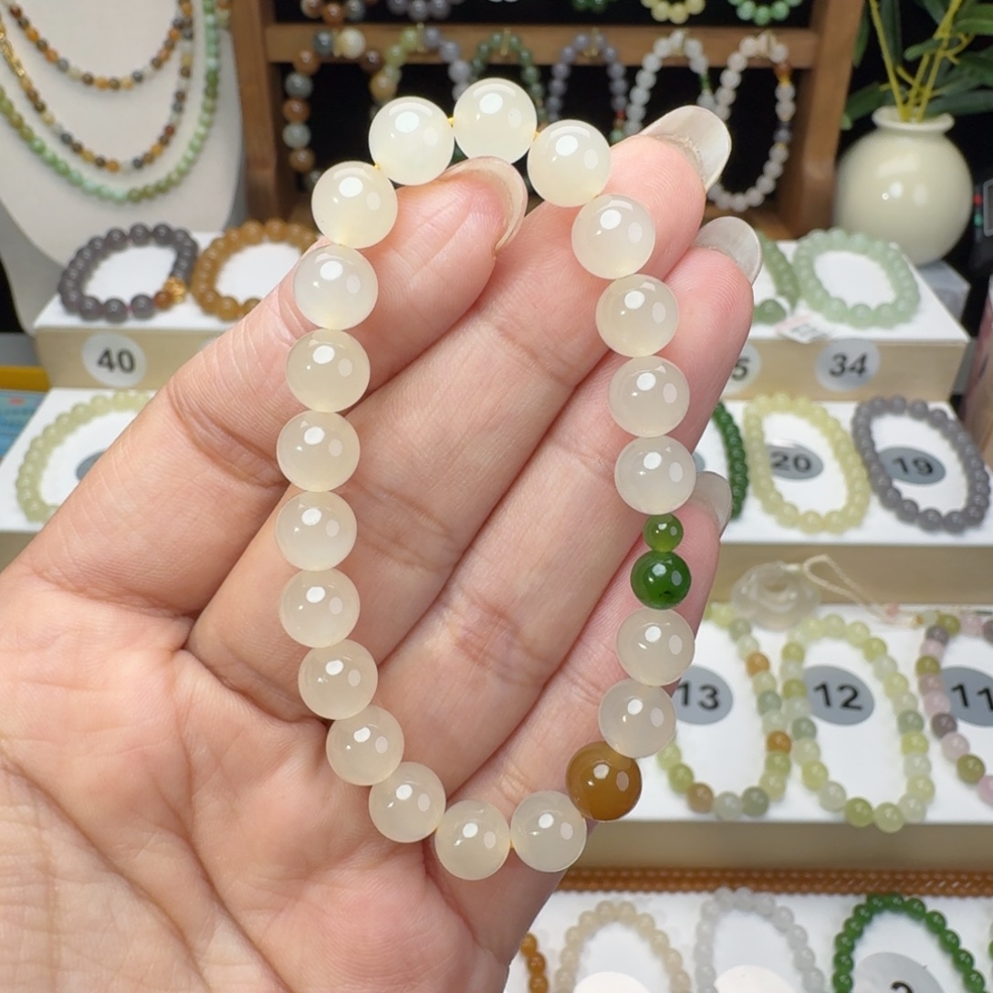 和田玉未镶嵌手串卡8蜂蜜水设计款微包容