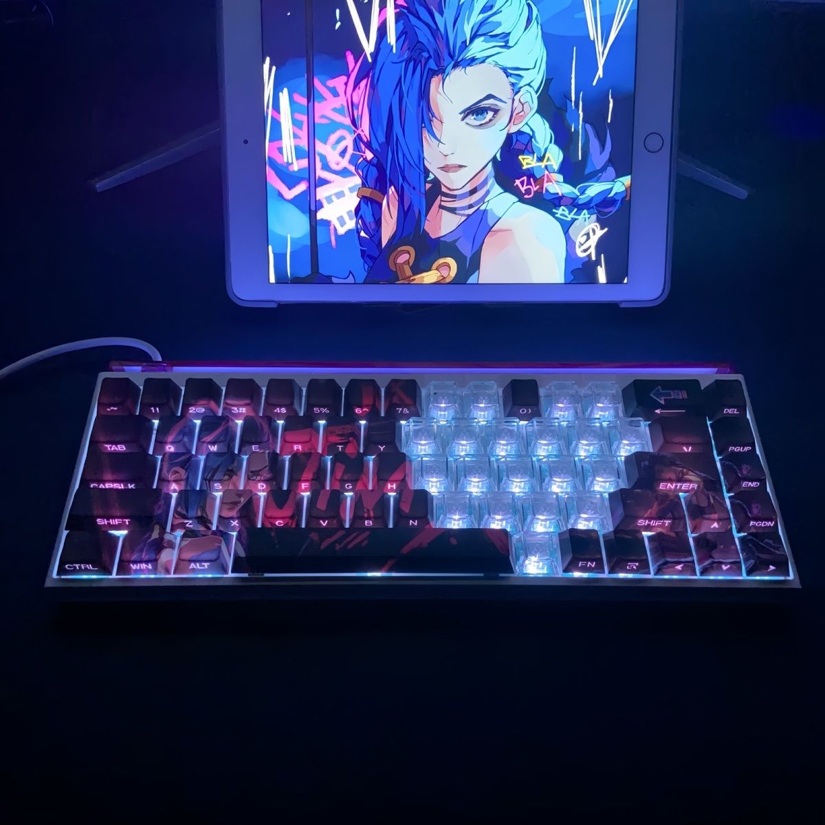 金克丝2.0键帽侧刻字符透光双城之战原厂高度PBT适配60-108全佩列