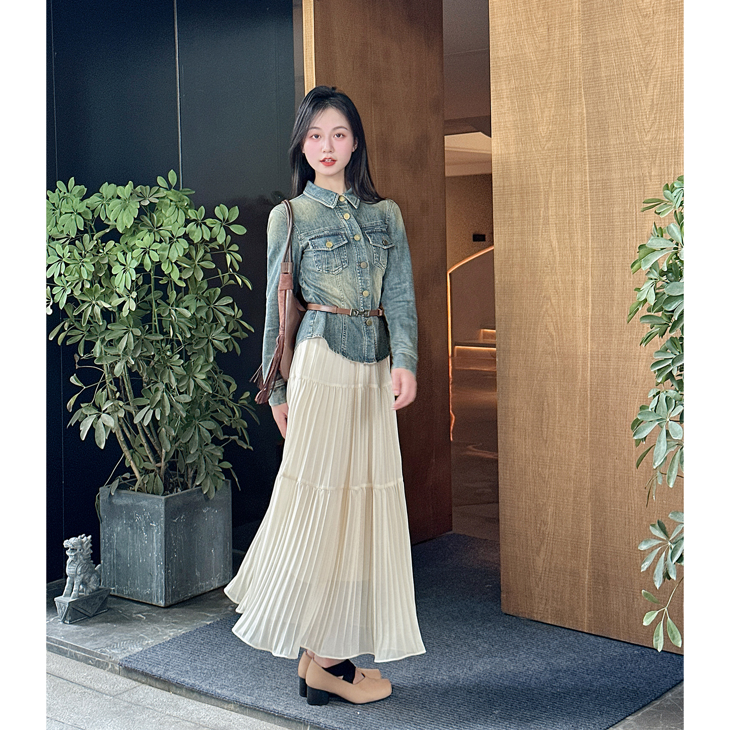 【悉尼海岸】小个子改版复古修身收腰衬衫牛仔外套高腰半身裙女