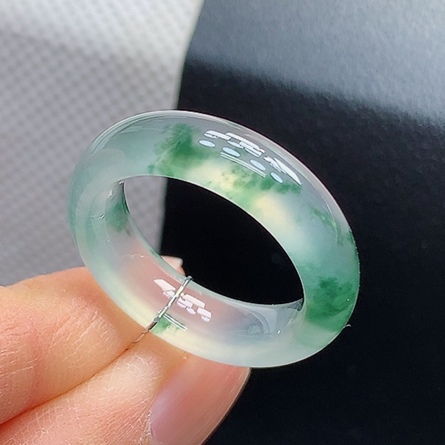 天然A货高冰起钢冰飘花翡翠戒圈戒指16-17号内径17.9宽6.3厚4.2mm