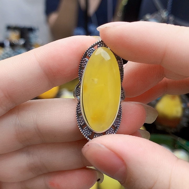 银S925镶嵌琥珀裸石戒指