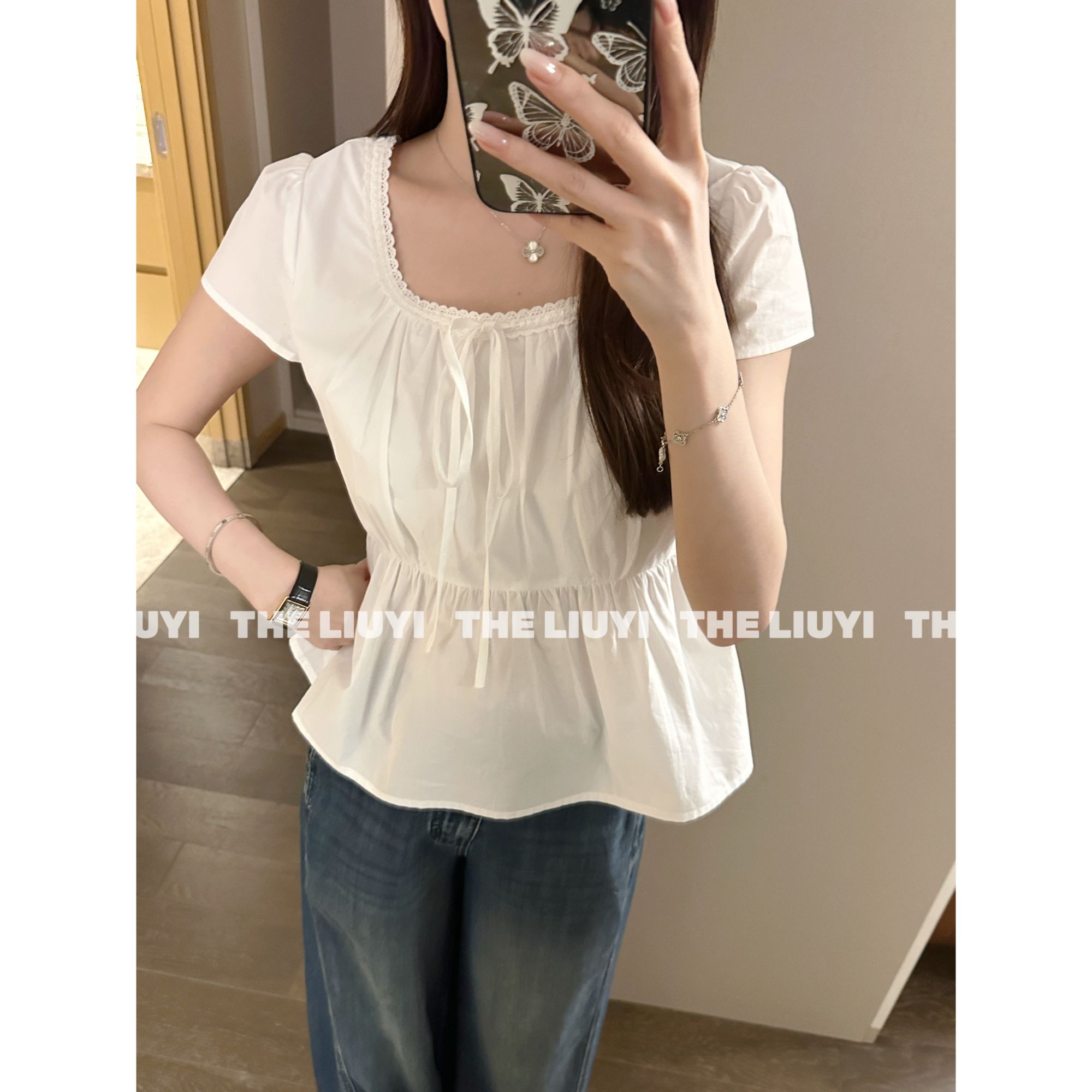 【LIUYI】浪漫蕾丝花边U领小衫上衣57015