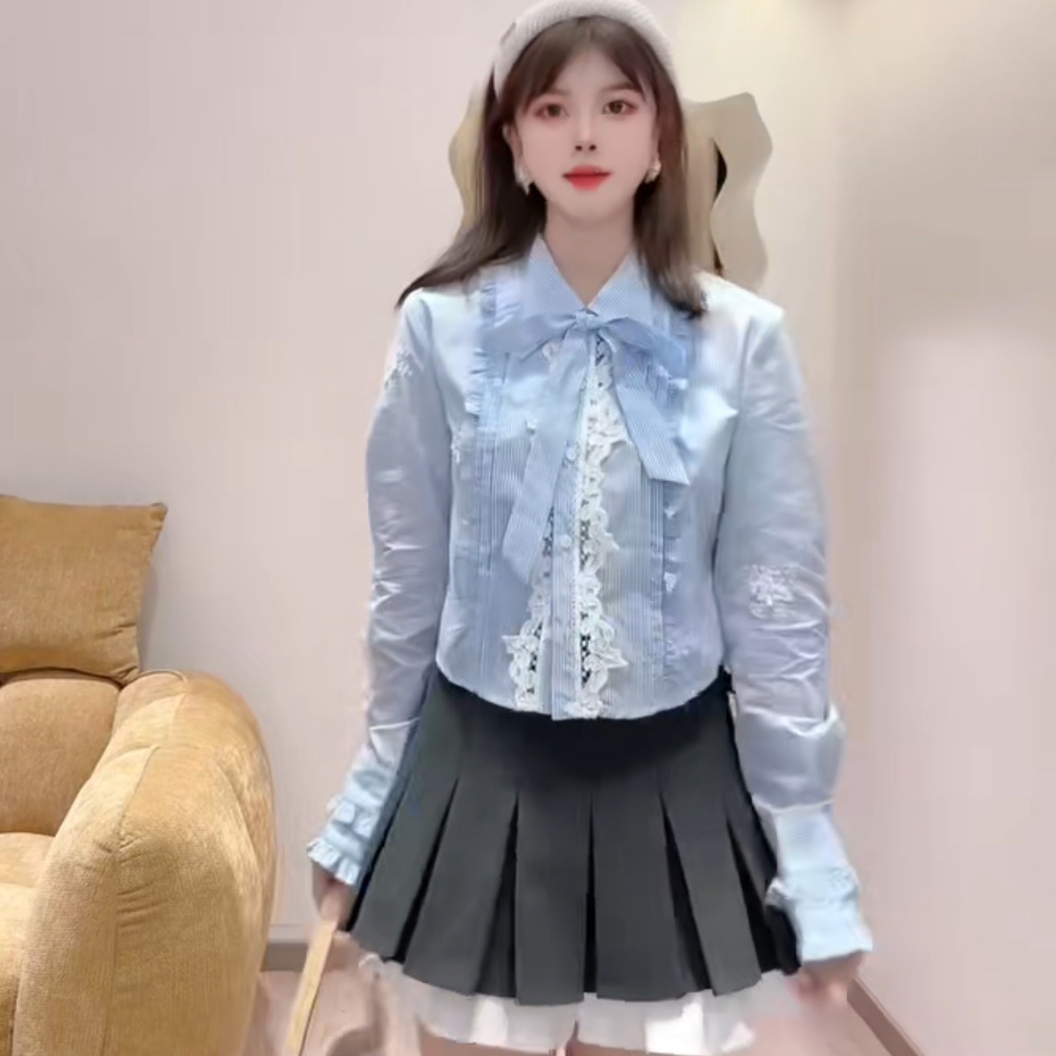 高级感木耳边撞色收腰显瘦印花长袖衬衫减龄上衣