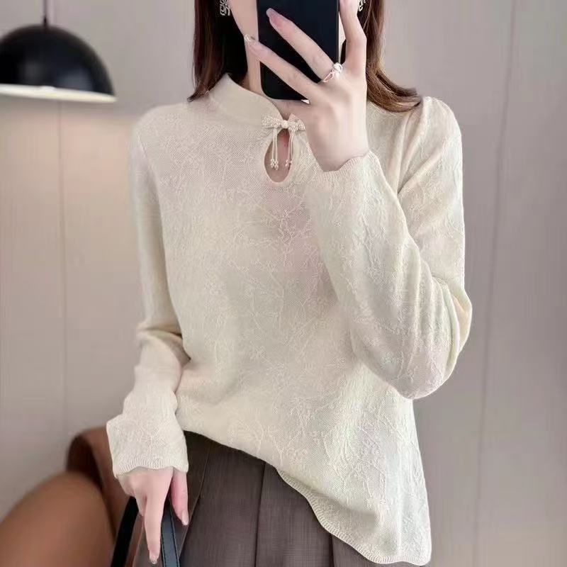 羊毛欧根纱中式盘扣立领提花宽松显瘦女士羊毛针织打底衫百搭