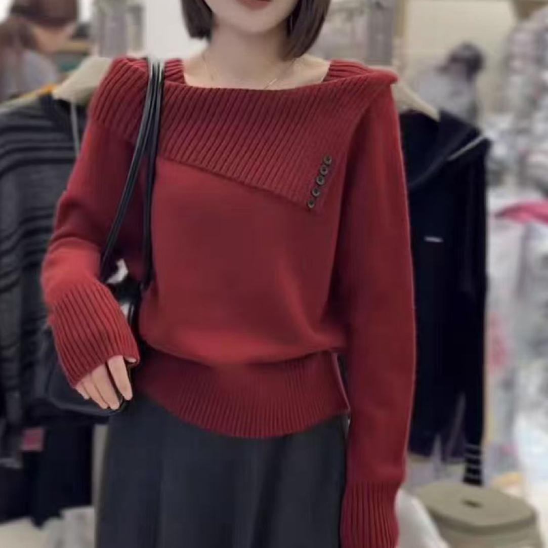 时尚百搭洋气气质长袖一字肩针织毛衣上衣女