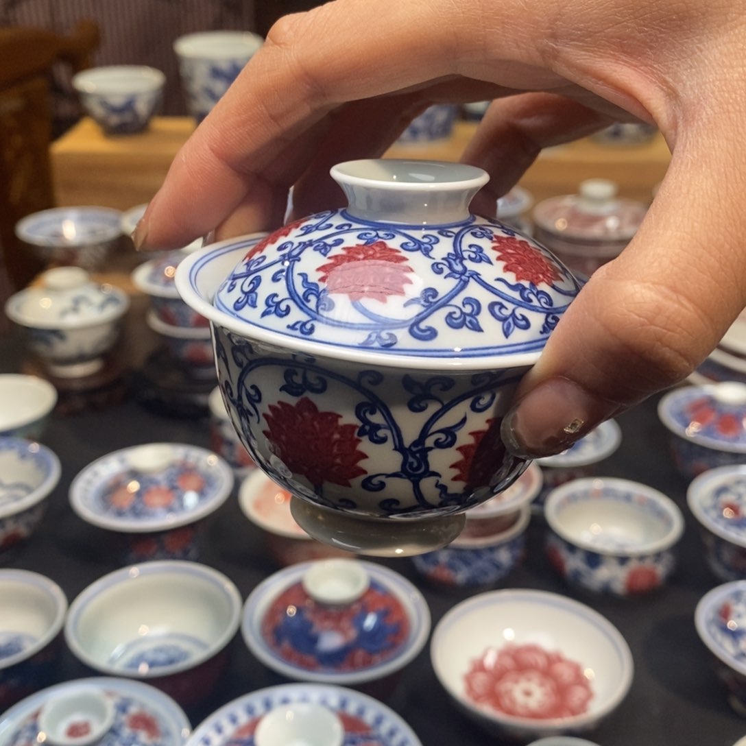 棒*糖缠枝莲釉里红盖碗盖碗盖碗盖碗柴窑原矿