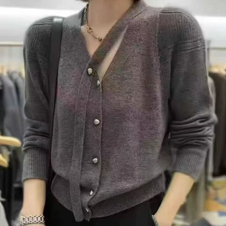 女秋季毛针织衫灰色慵懒风羊绒衫毛衣外搭百搭针织衫