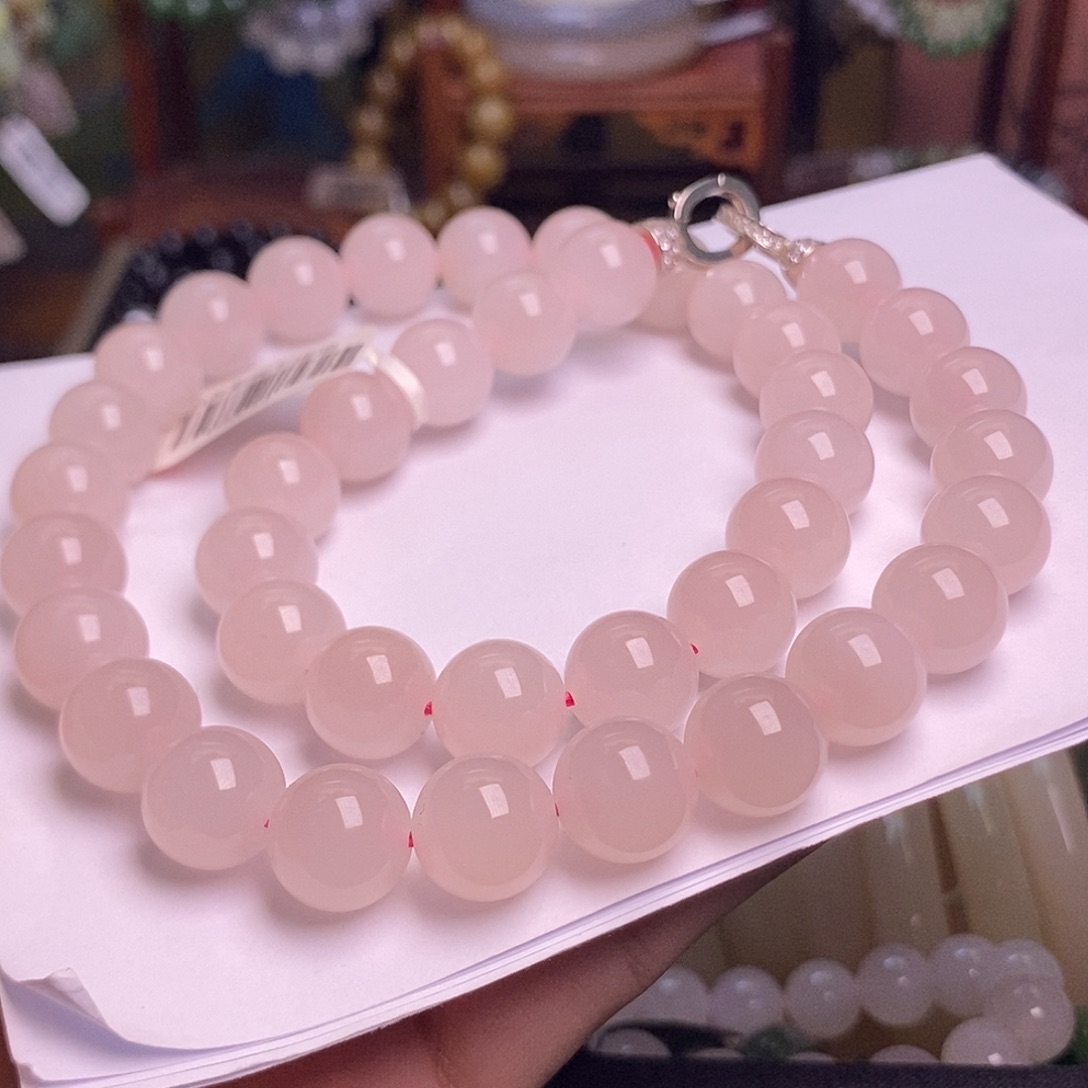 和田玉未镶嵌颈饰藕粉红粉樱花老矿料项链12mm