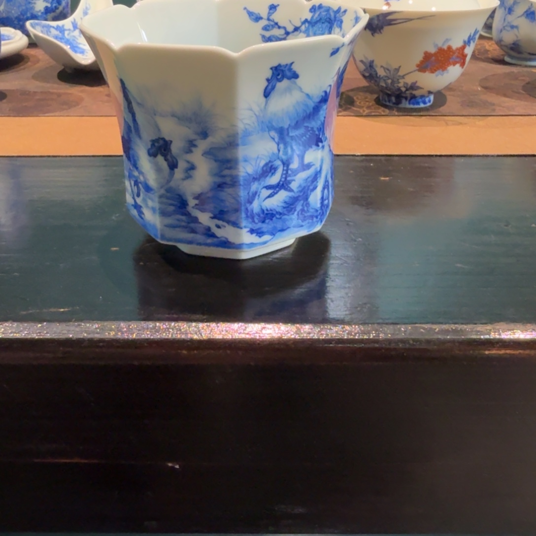 朵***妹单杯蔚语青花寒雀图八方杯