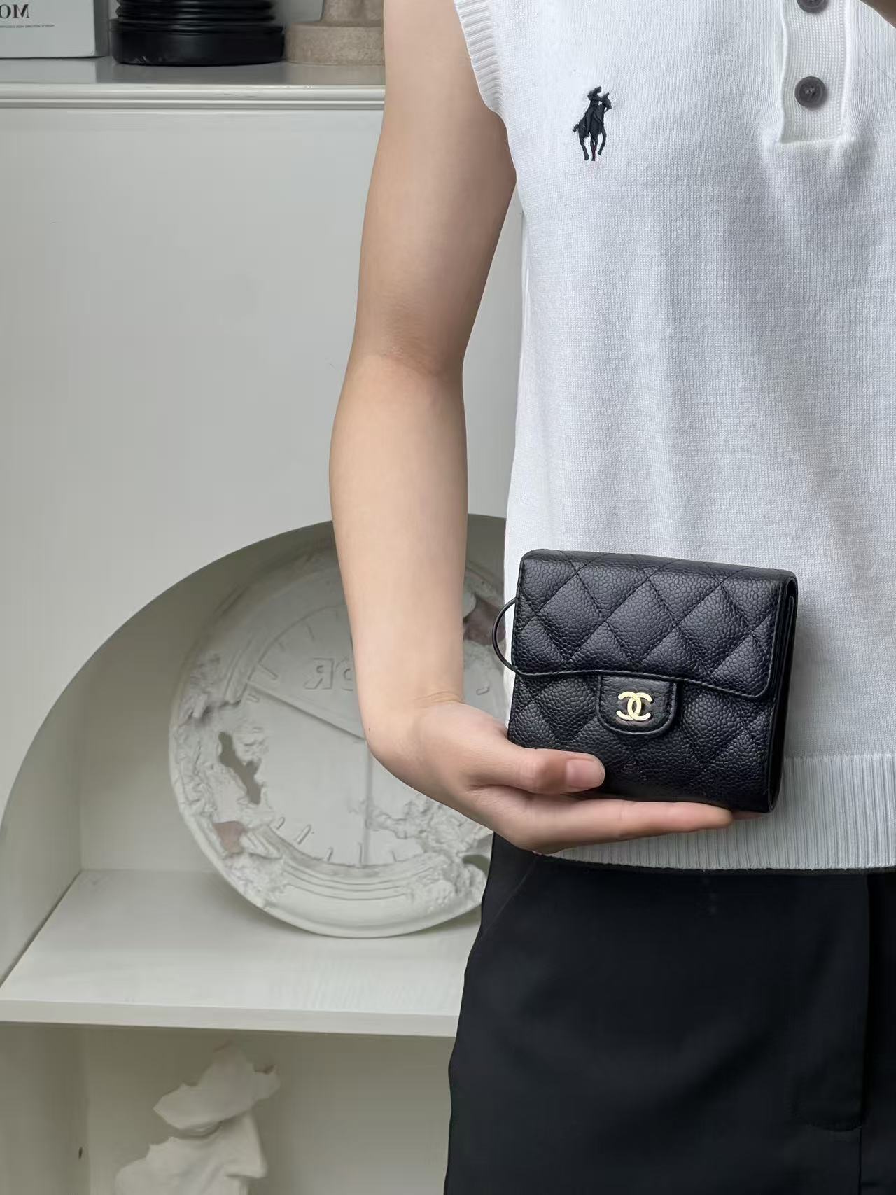 99新 Chanel/香奈儿 Chanel cf 三折钱包黑金荔枝纹/甄选