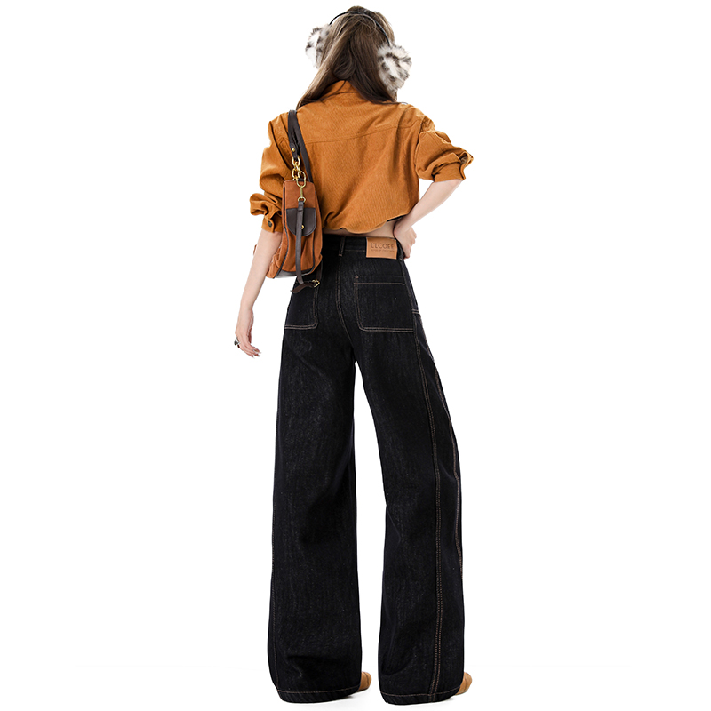 2025超火黑金色拼接牛仔裤女冬季加绒加厚新款流行宽松阔腿拖地裤