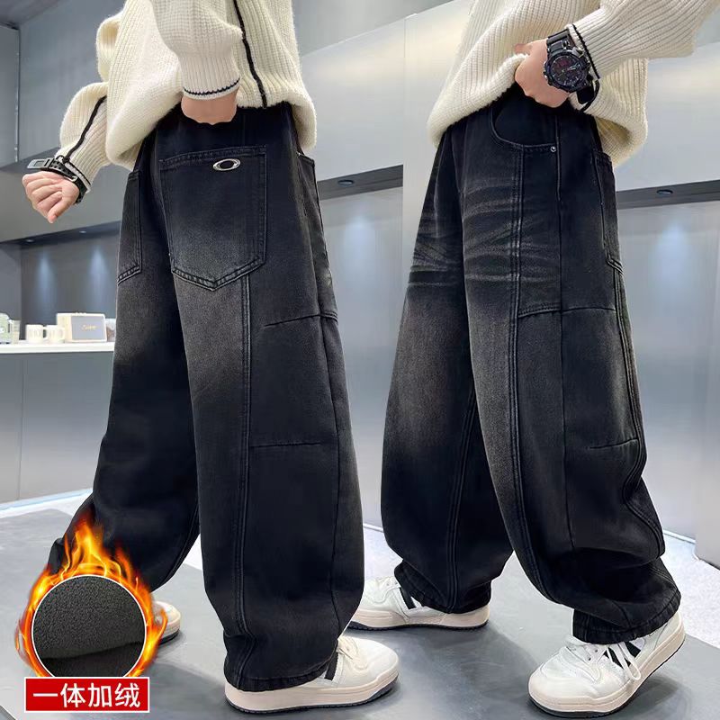 男童冬款一体绒弯刀裤大童宽松百搭牛仔裤子洋气韩版垂感直筒裤