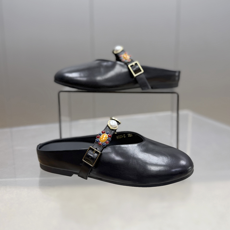 【左右华菲】2cm胎牛皮舒适一字带包头半拖2025夏季新款外穿勃肯鞋