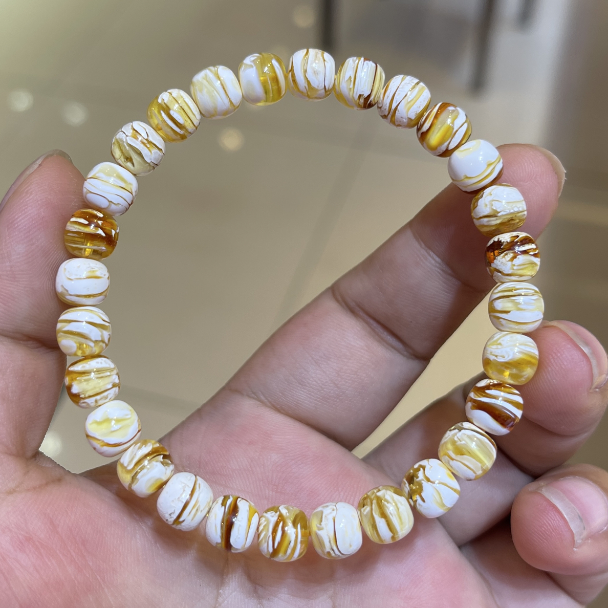 7.5mm白底彩拉丝老型彩沁妖孽蜜蜡手工气质白色时尚百搭复古轻奢