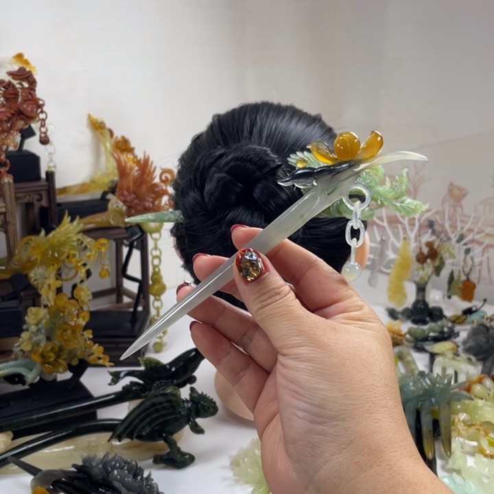 仙***掌岫玉未镶嵌发饰发簪