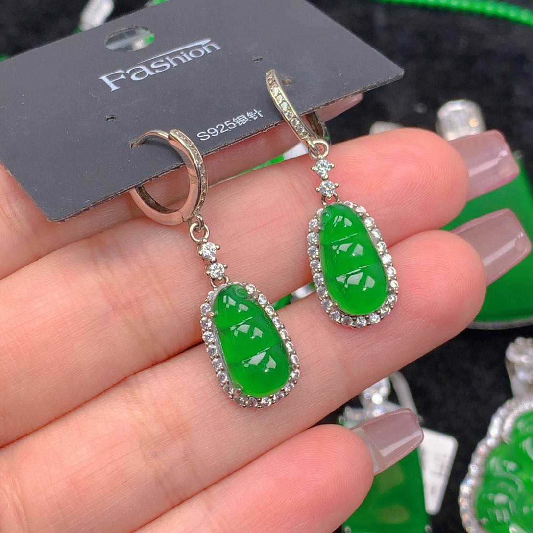 翡翠耳坠银S925镶嵌翡翠