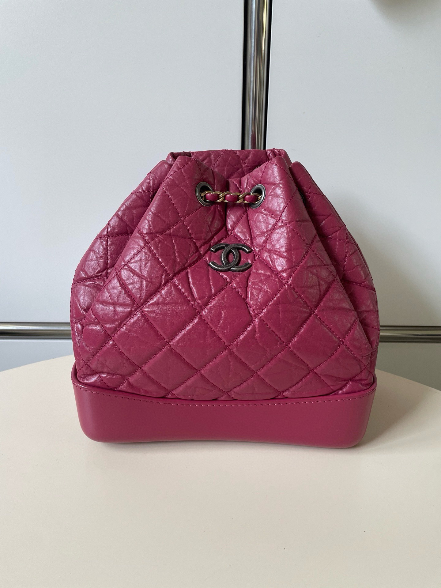 95新 Chanel/香奈儿 6174Chanel树莓粉牛皮流浪双肩包菱格