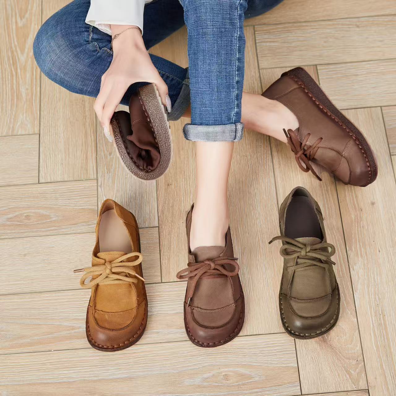 2025春季新款得训真皮手工软面软底舒适休闲鞋女鞋牛筋底头层牛皮