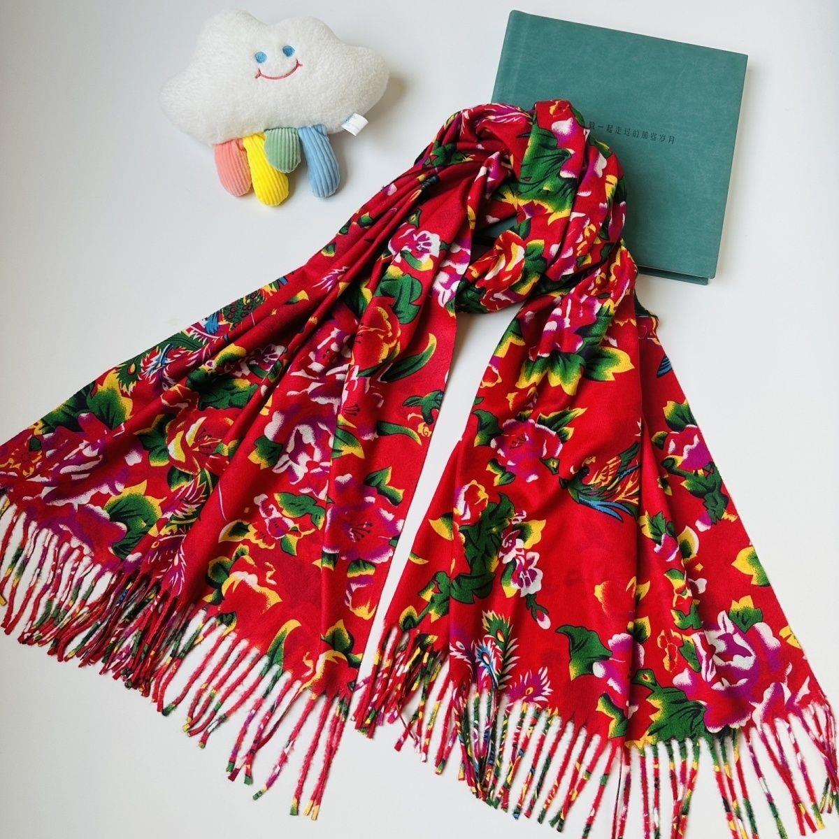 东北大花围巾披肩秋冬双面民族风百搭保暖中国风流苏女