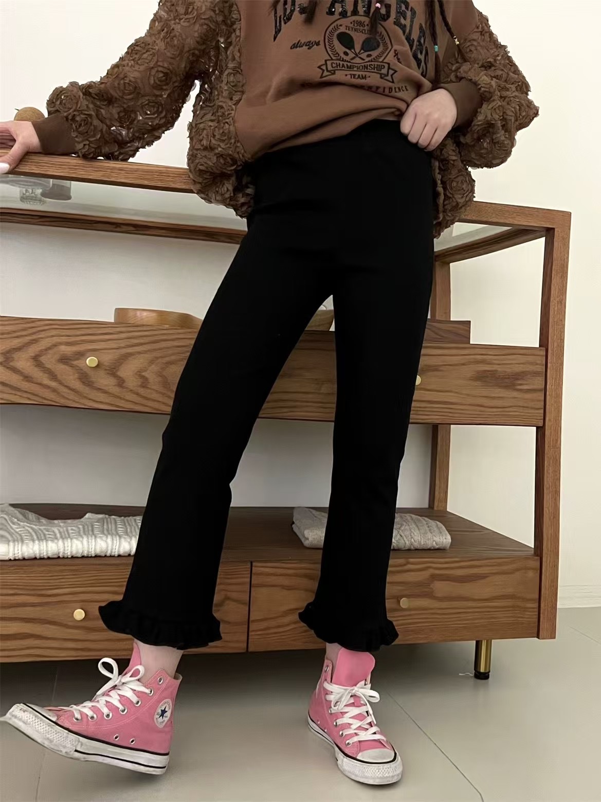 秋冬加绒全码九分微喇花边裤超显瘦弹力大春秋休闲外穿时尚黑色