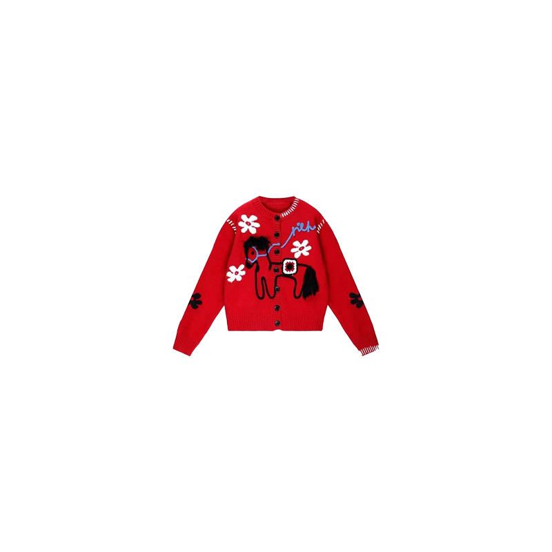 南油小众设计师新品花朵小马针织开衫