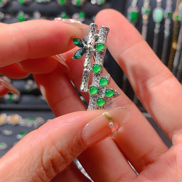 翡翠戒指银S925镶嵌胸针