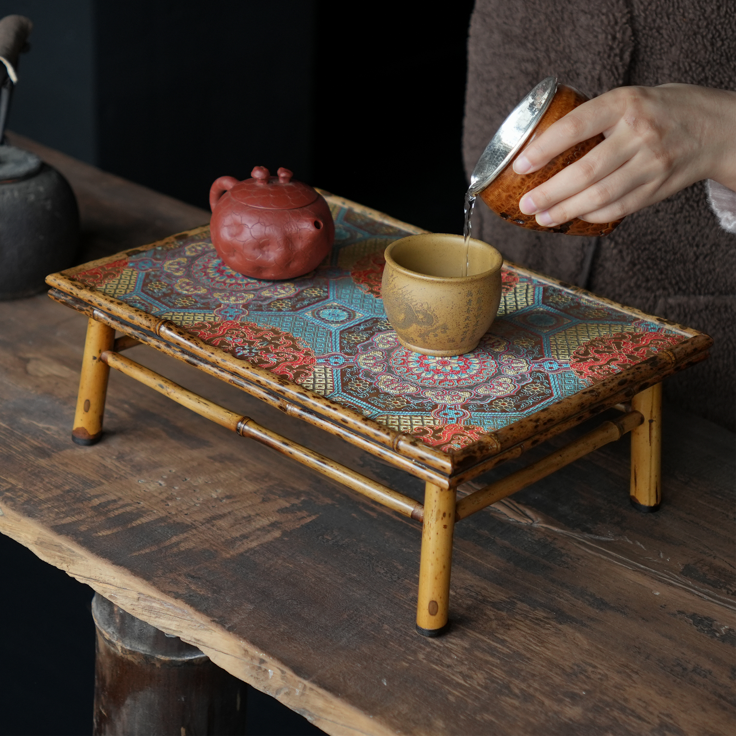 复古梅鹿竹绸缎小茶桌竹小摆台席面茶台茶几功夫茶具