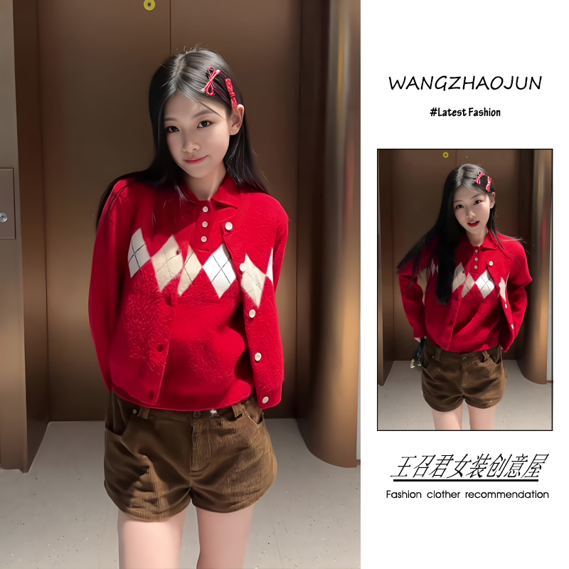 秋冬季2025新款女装流行韩系穿搭圣诞氛围感百搭针织开衫背心短裤