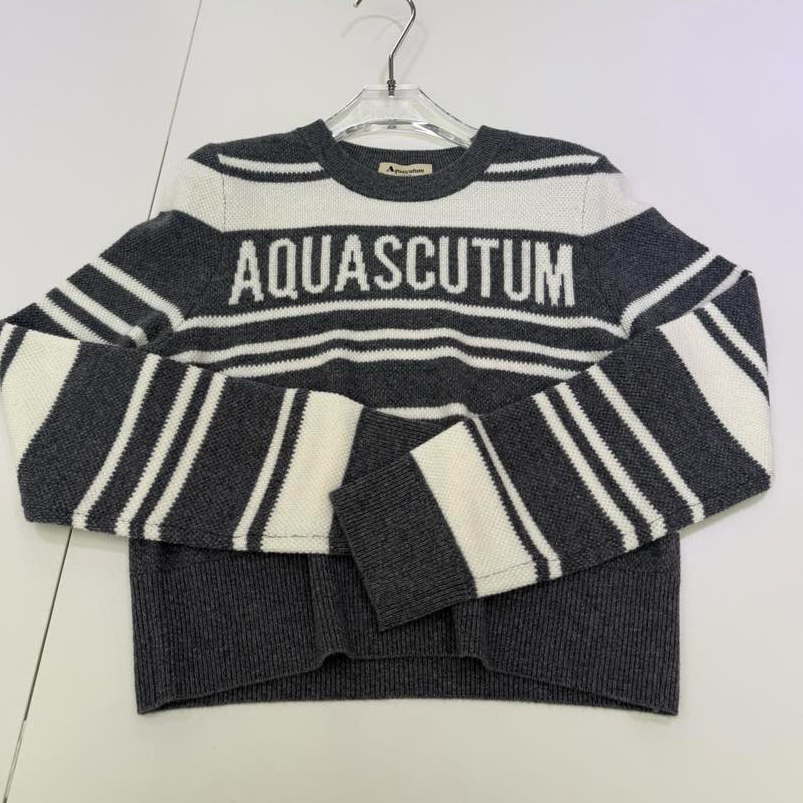 Aquascutum/雅格狮丹2025秋冬新品长袖圆领条纹羊毛衫套头衫