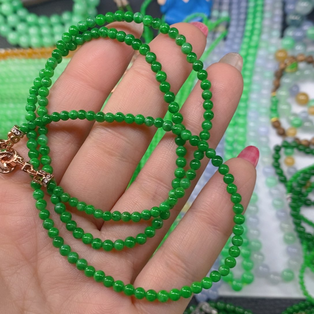 颈饰未镶嵌翡翠缅甸天然翡翠阳绿小米珠塔链3.3，3.7