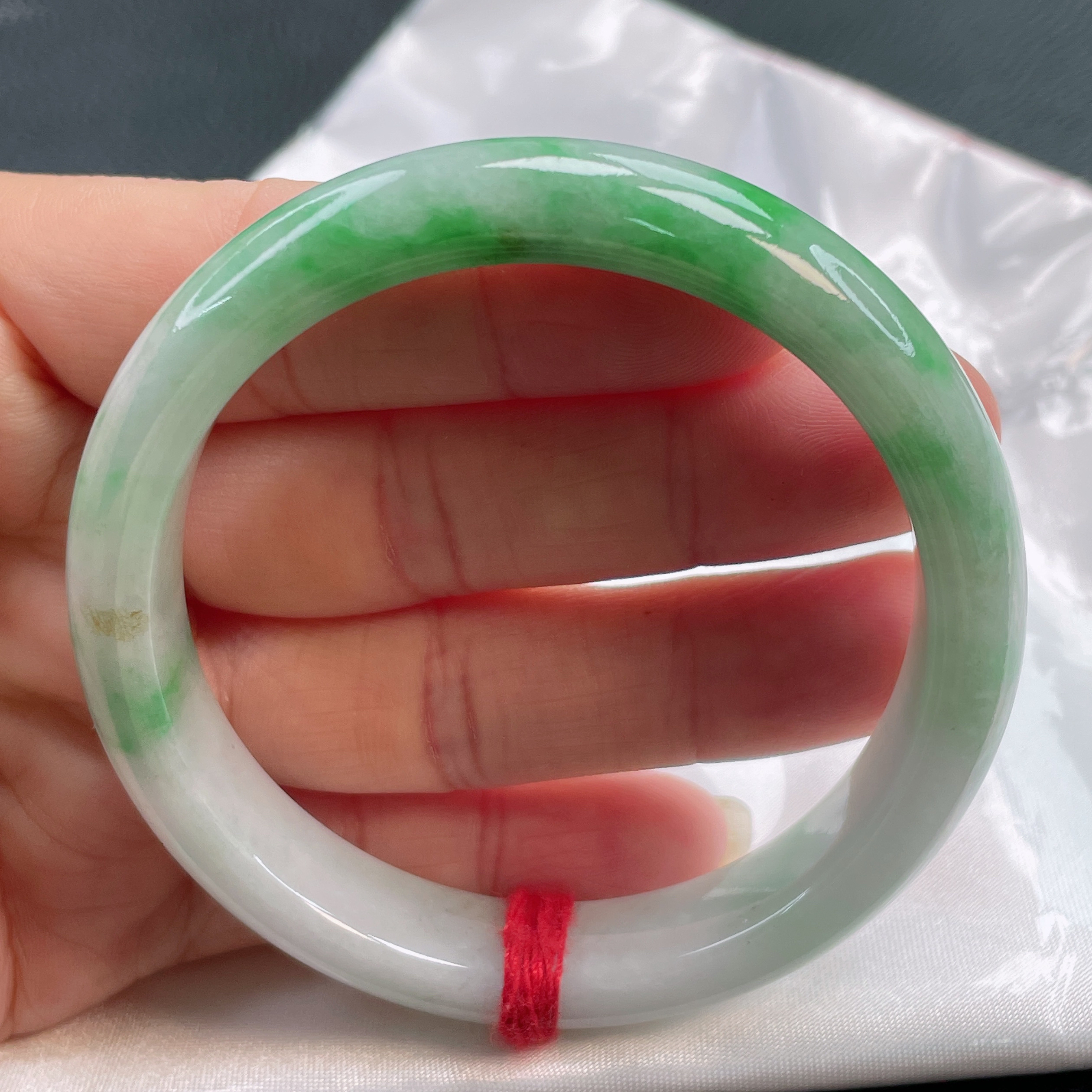 0417缅甸天然翡翠A货55圈白底青飘阳绿手镯时尚百搭少女妈妈款