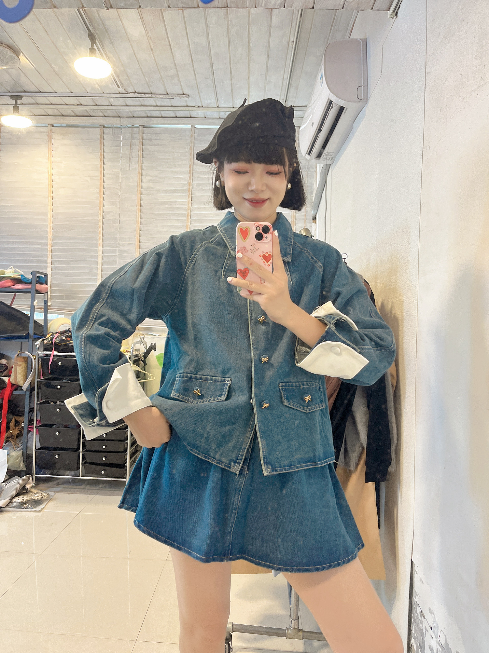 长袖复古女短款秋季韩版水洗网红翻领宽松型短套装