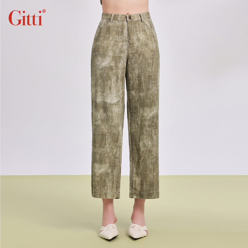 Gitti/吉蒂高腰扎染直筒裤女宽松大码亚麻休闲裤G251257