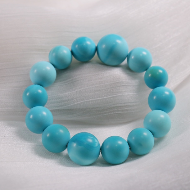 原矿绿松石精品水波纹圆珠手串 直径12.6-17mm，重56.7g，圈围15cm