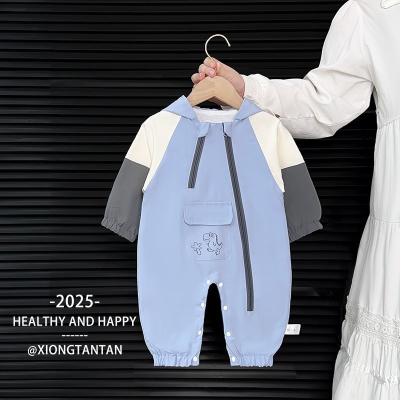 婴儿衣服时尚男宝宝爬服秋冬装连体衣秋季款斜拉链双层外出爬爬服