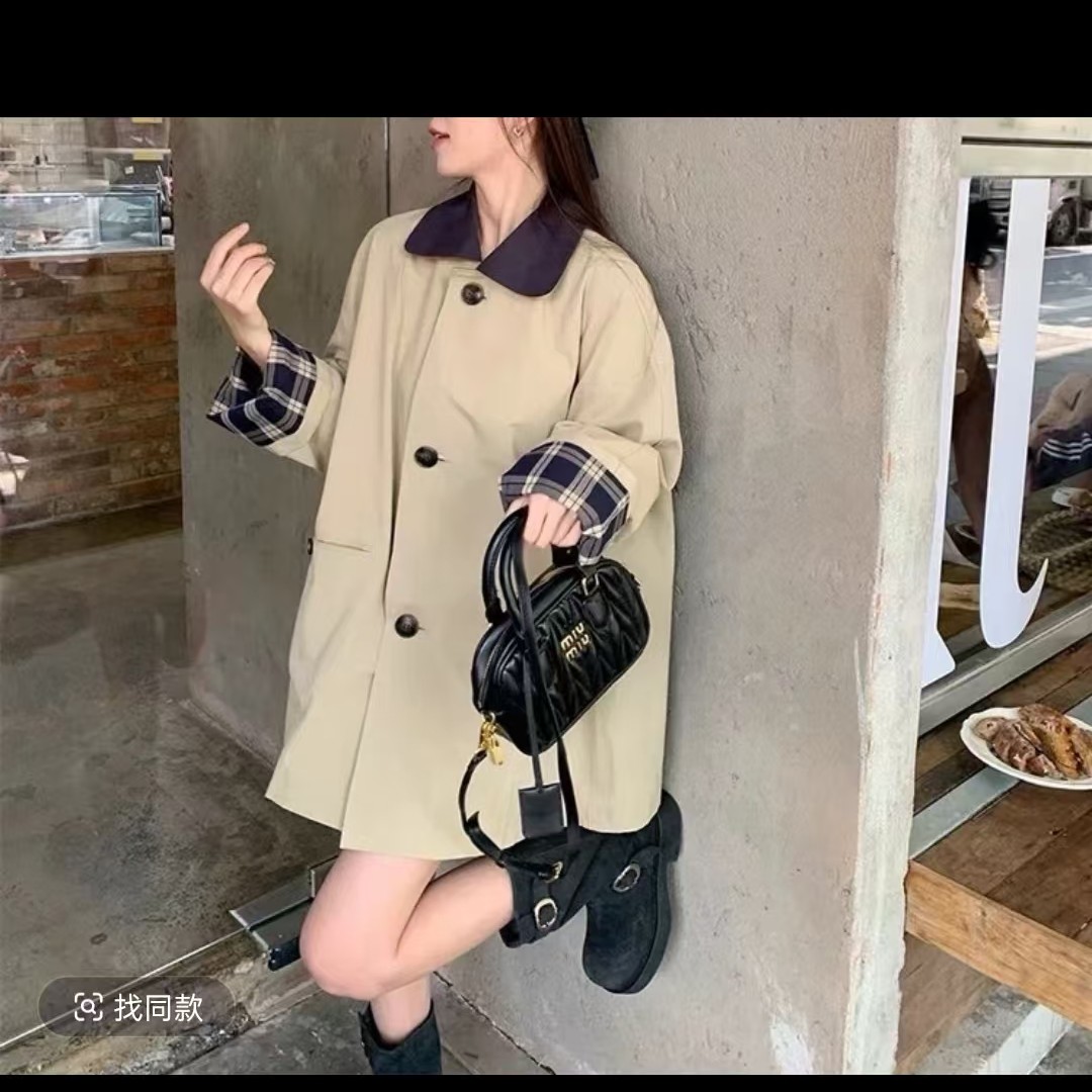 大码女装秋季新款中长款百搭休闲风拼色翻领时尚风衣格子袖复古
